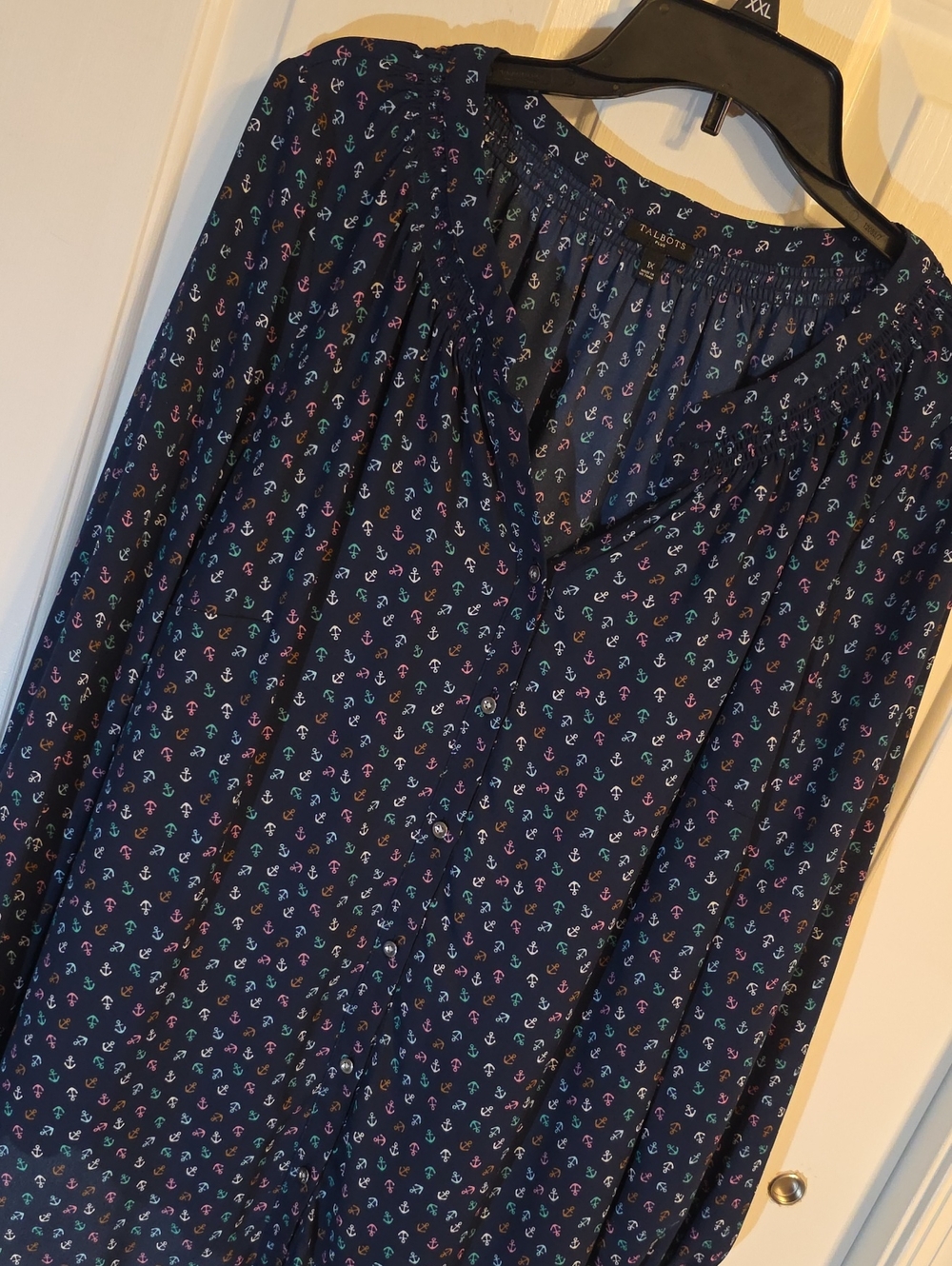 Talbots Navy Tunic Top with Multicolor Anchor Print